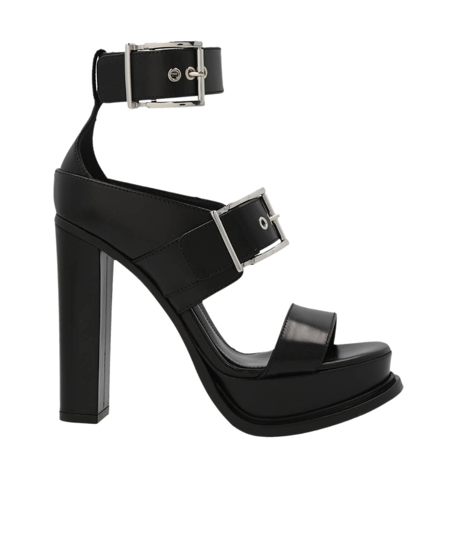 Alexander Mcqueen Platform Sandal With Buckles In Black And Silver In Black