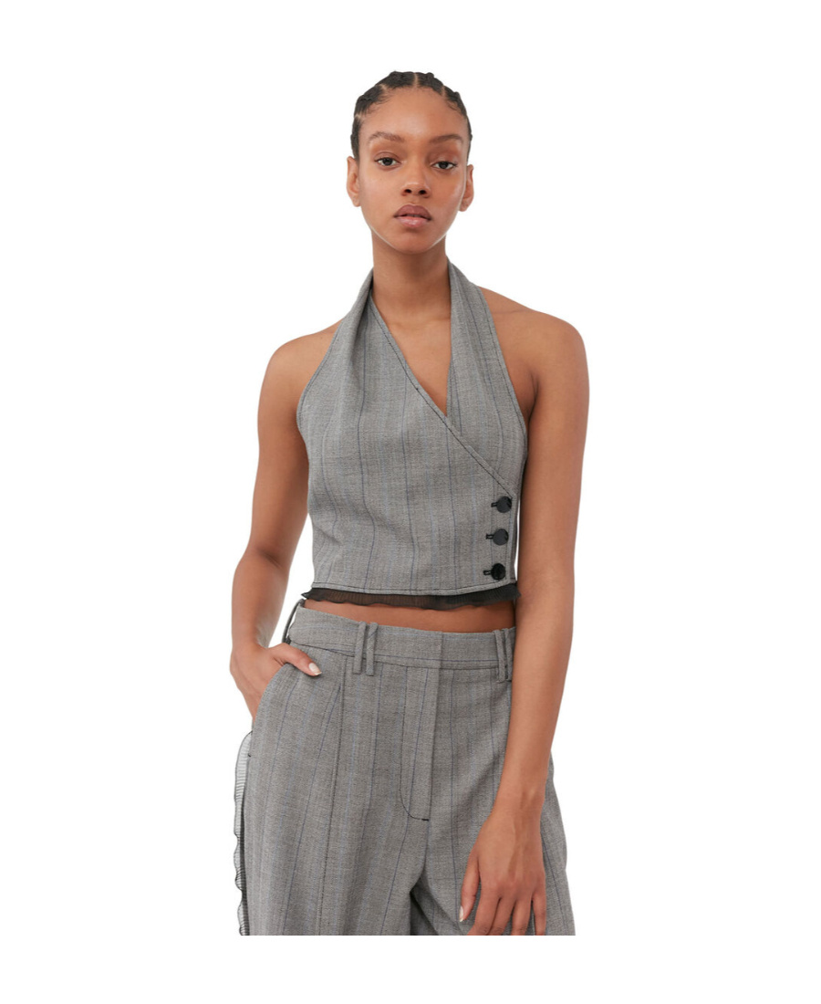 Ganni Herringbone Halter Suiting Vest In Gray