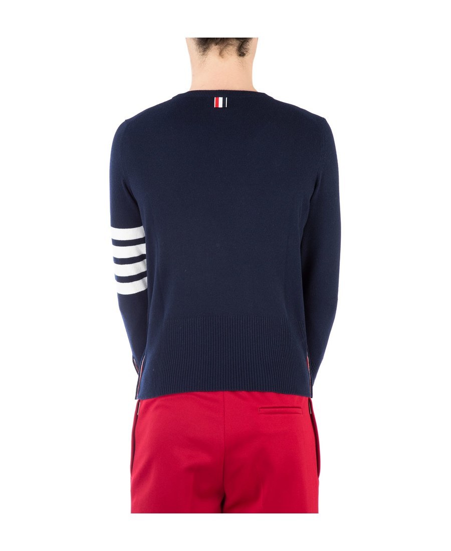 Thom Browne Blue Crewneck Swwater With 4-bar On The Sleeve And Ribbed Trims In Wool Man In Black