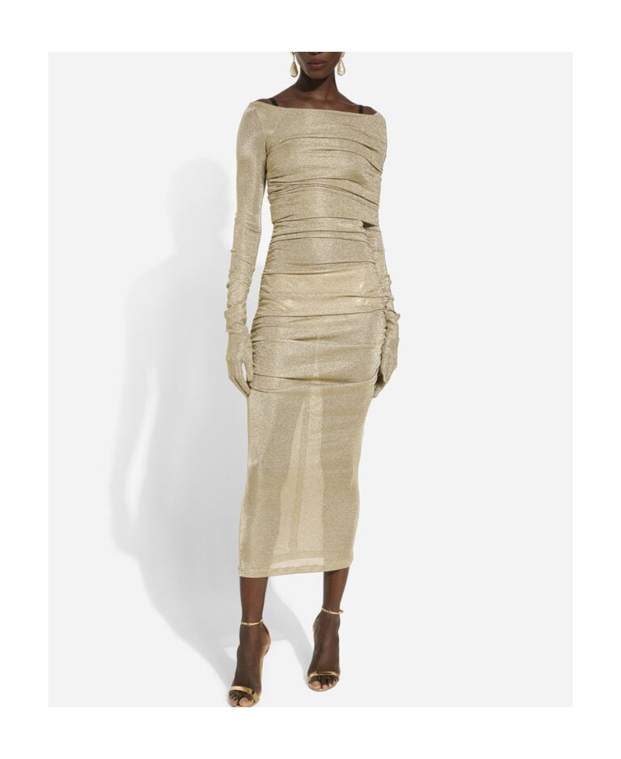 Dolce & Gabbana Draped Metallic Mesh-jersey Midi Dress In Nude
