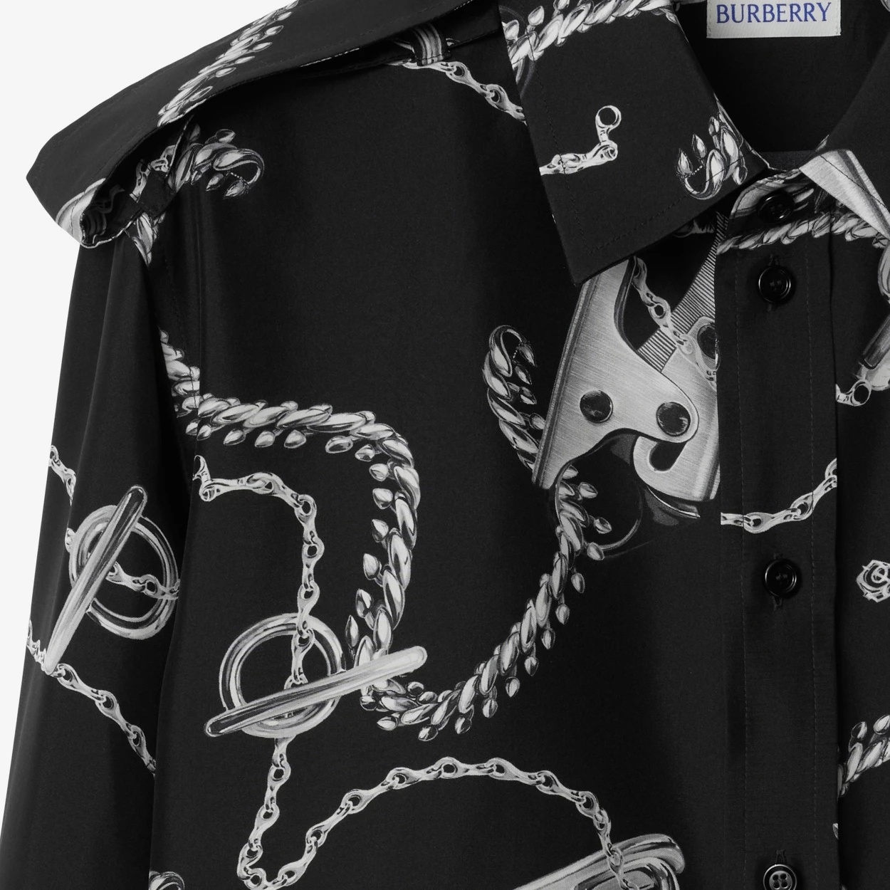 Burberry Chain-print Long-sleeve Collared Silk Top In Black