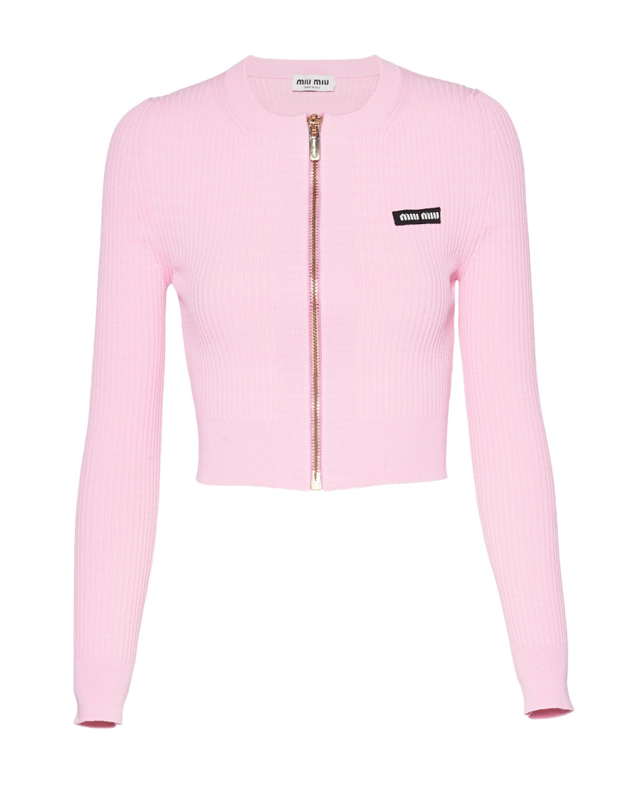 Miu Miu Logo-print Zip-up Cardigan In Pink