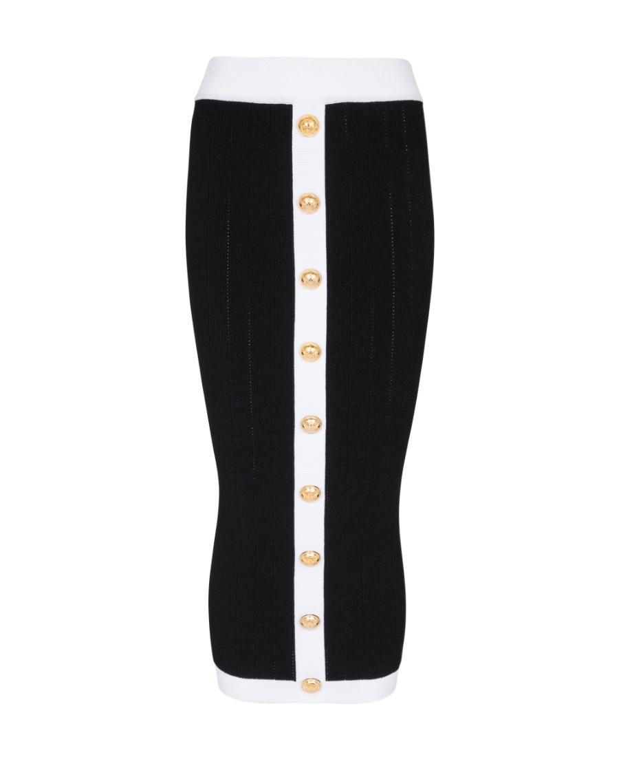 Balmain Button-embellished Ribbed-knit Midi Skirt In Black