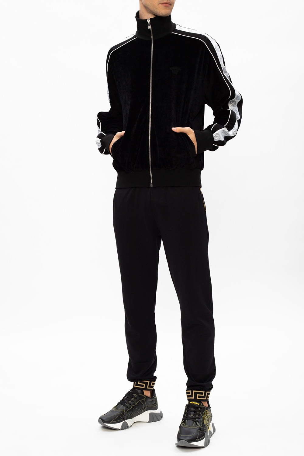 Versace Medusa-stripe Zipped Sweatshirt In Black