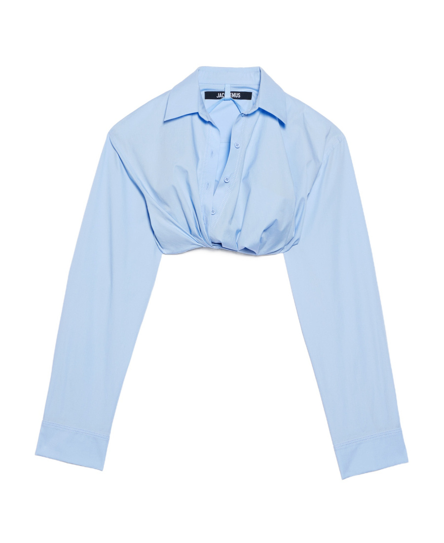 Jacquemus Ruched Tucked In Cropped Long Sleeve Shirt In Blue