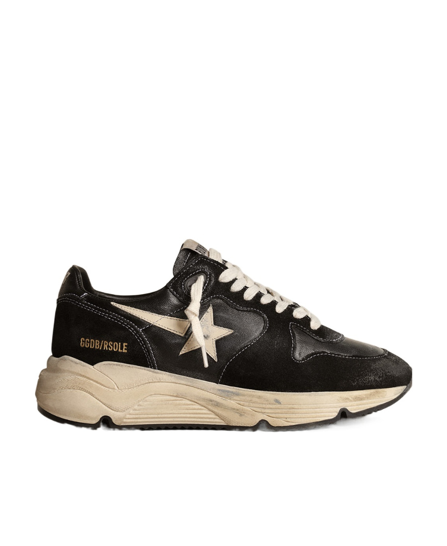 Golden Goose Womens Running Sole Sneakers In Black Nappa Leather And Suede With White Leather Star In Black