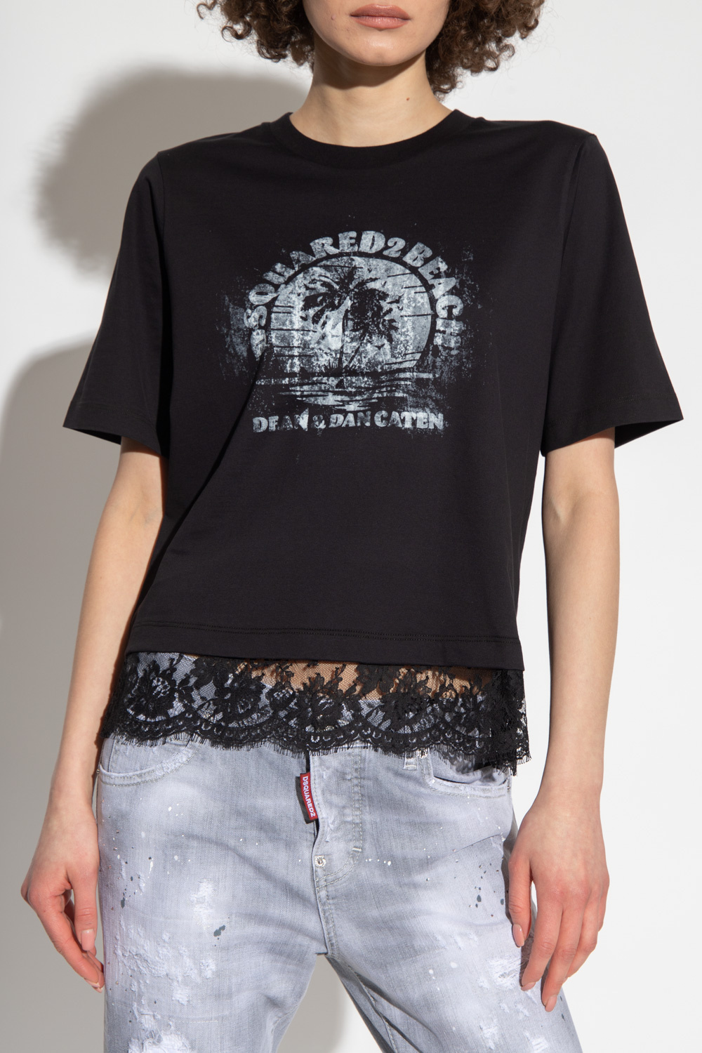 Dsquared2 Printed Cotton T-shirt With Lace In Black