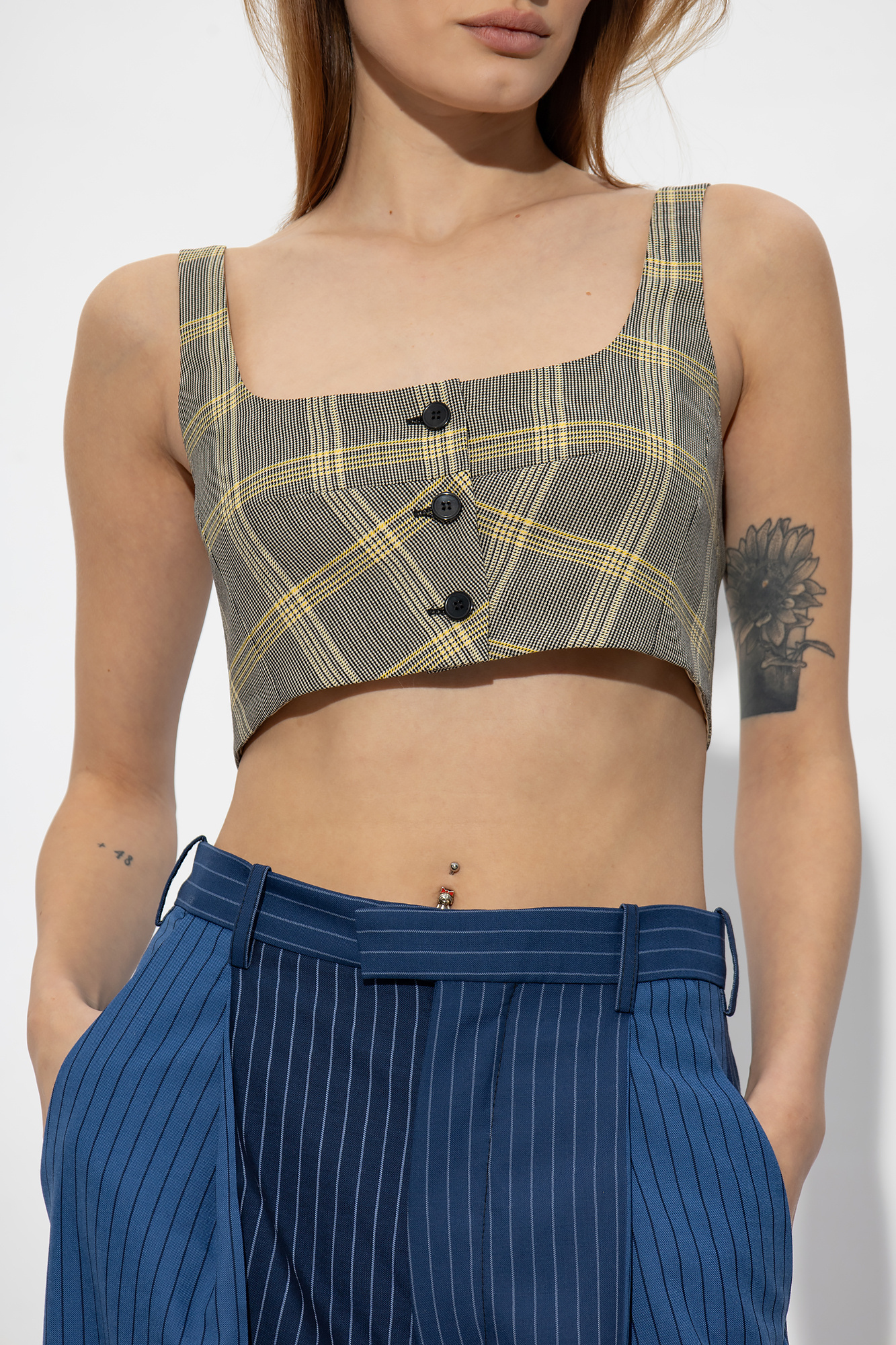 Marni Yellow Checked Tech Wool Crop Top In White