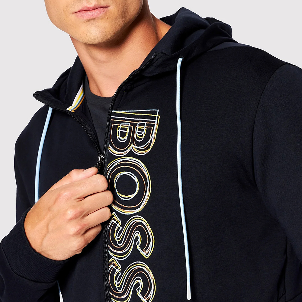 Shop Hugo Boss Logo Embroidered Zipper With Hat Casual Coat In Black