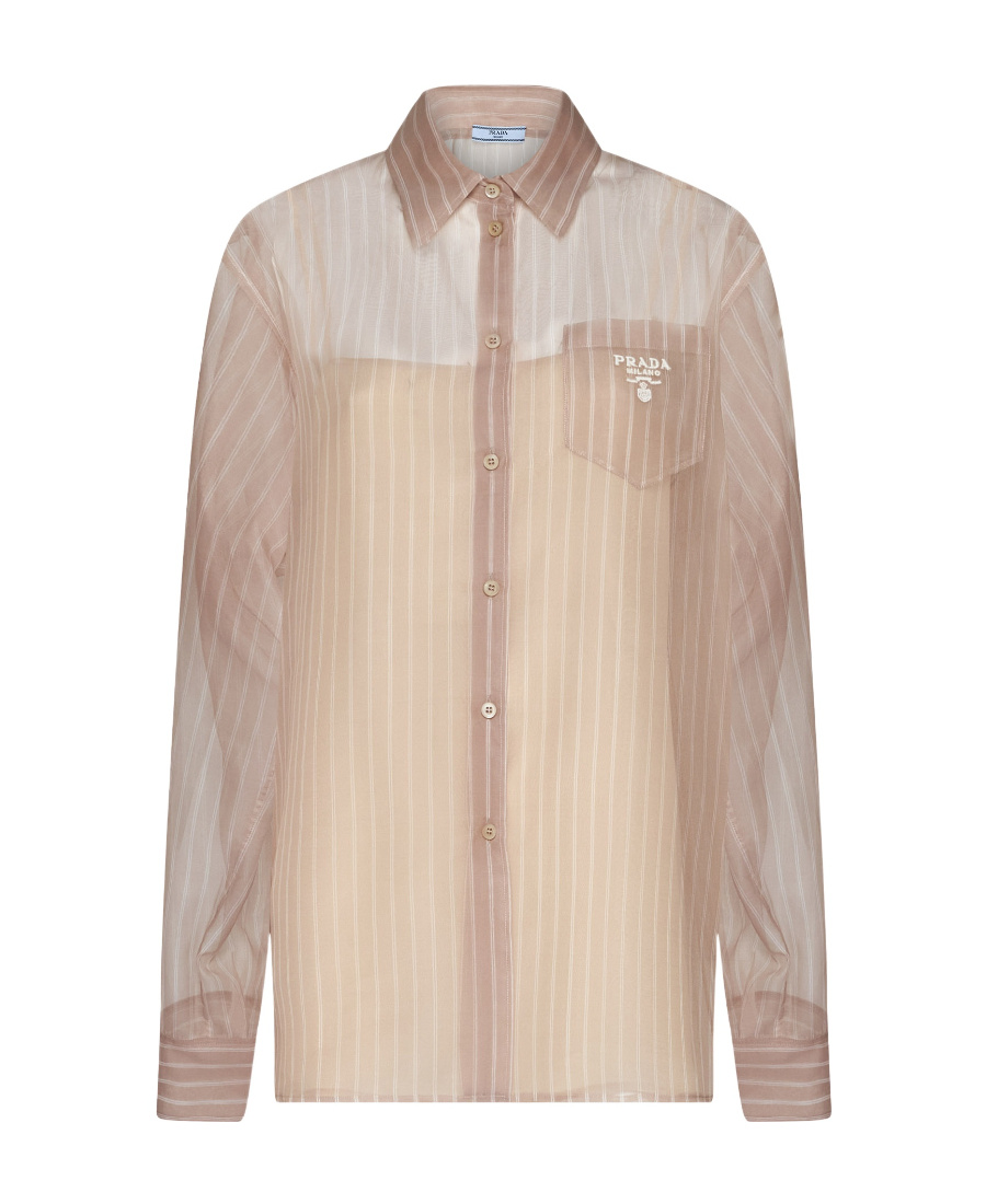 Prada Striped Silk Long-sleeve Shirt In Nude