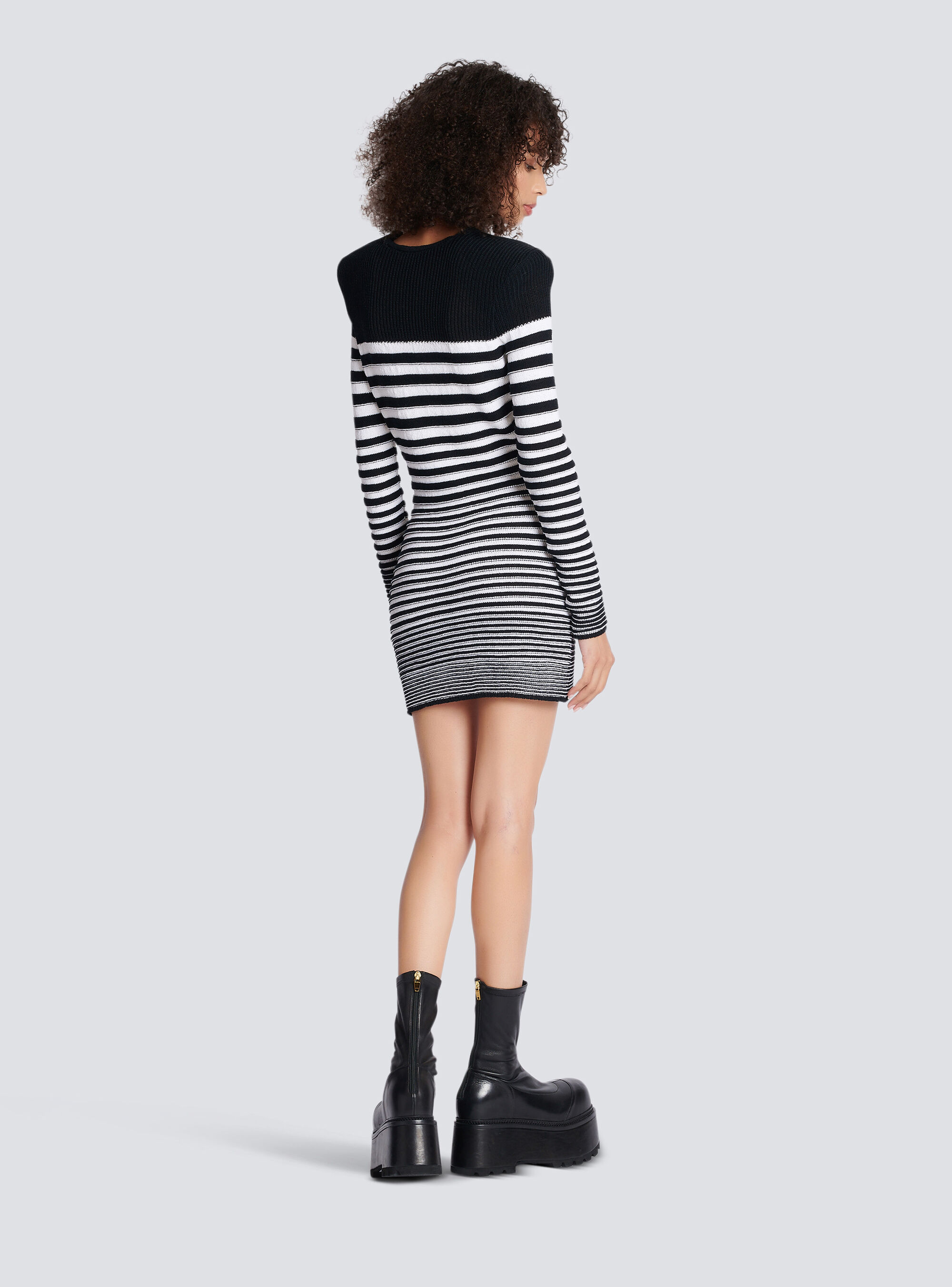Balmain Button-embellished Striped Ribbed Cotton-blend Mini Dress In Black