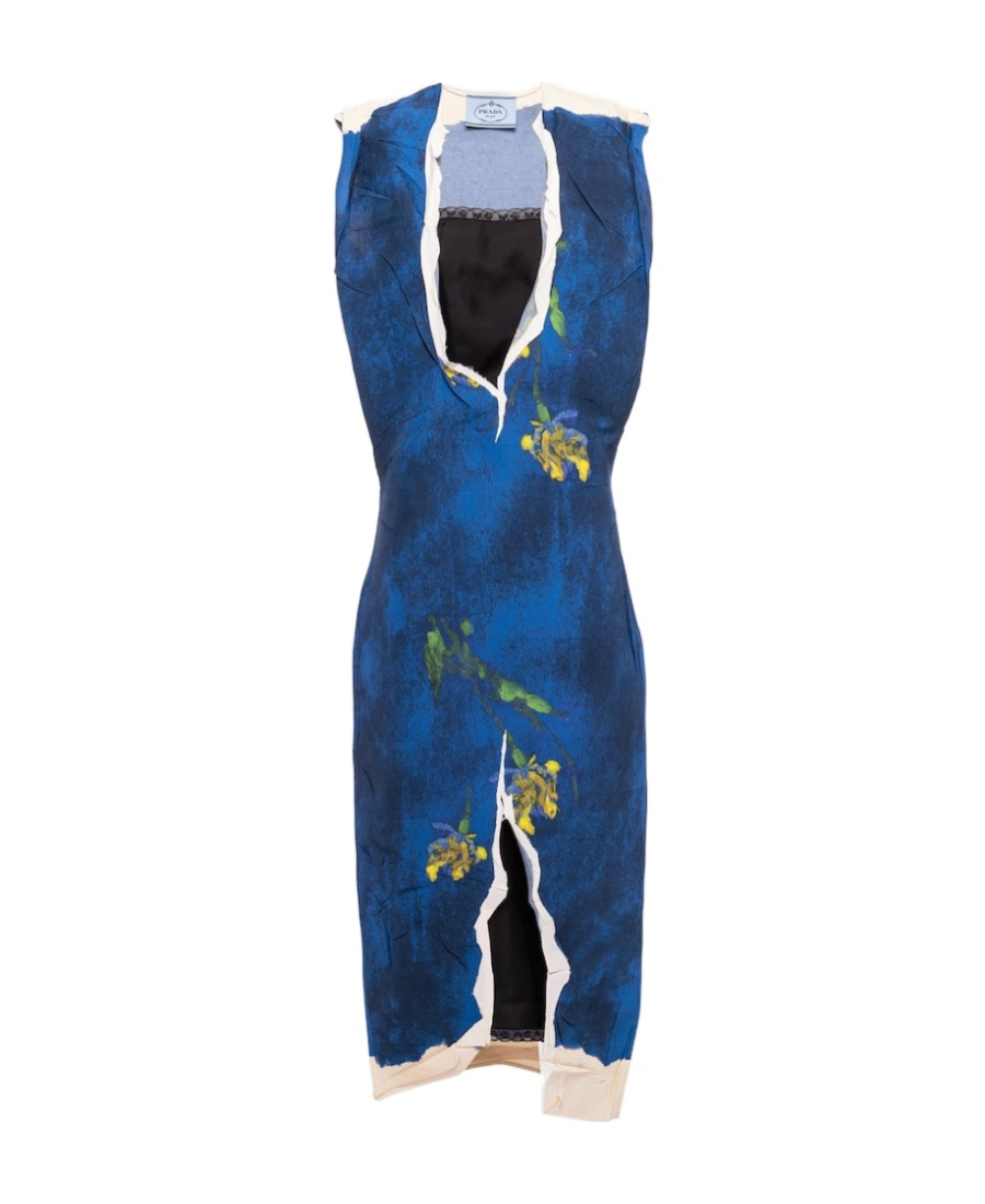 Prada Paper-based Printed Technical Fabric Dress In Blue