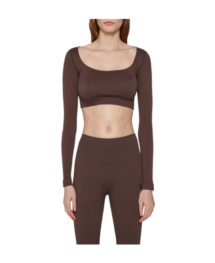 Misbhv Long-sleeve Cropped Knitted Top In Brown