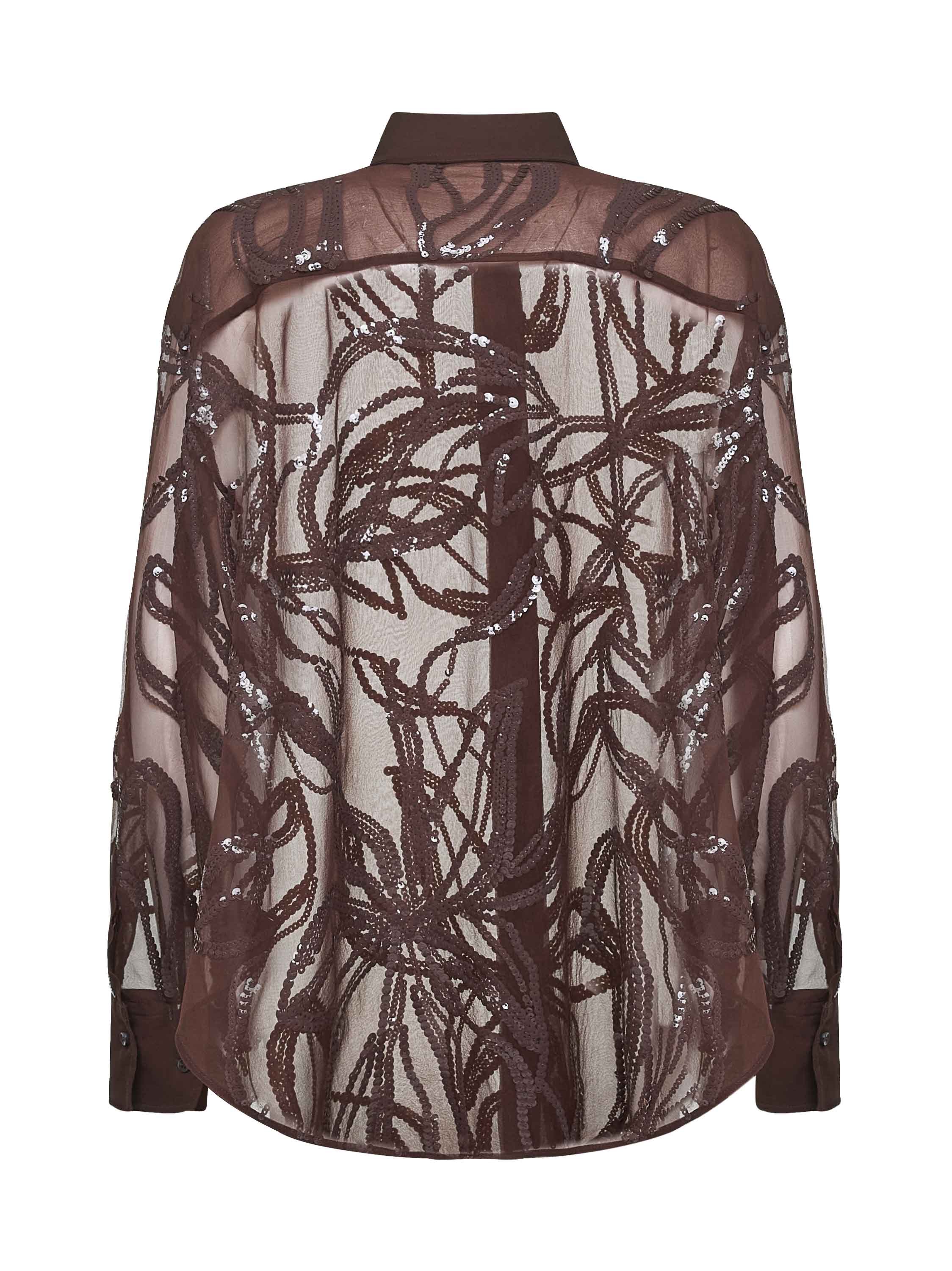 Brunello Cucinelli Burgundy Crispy Silk Dazzling Floral Embroidery Shirt In Brown