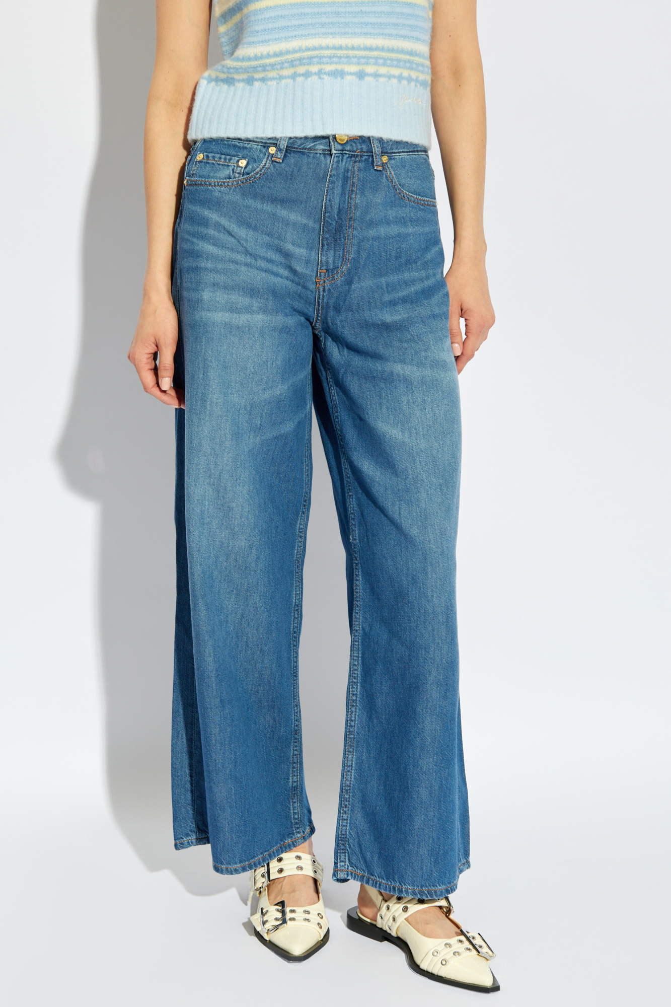 Ganni Women's Mid Blue Denim Wide Leg Jeans In Blue