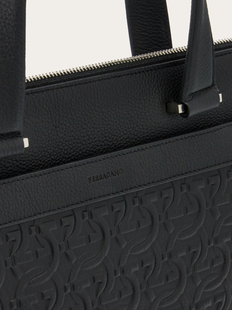 Ferragamo Black Monogram Embossed Leather Briefcase In Black