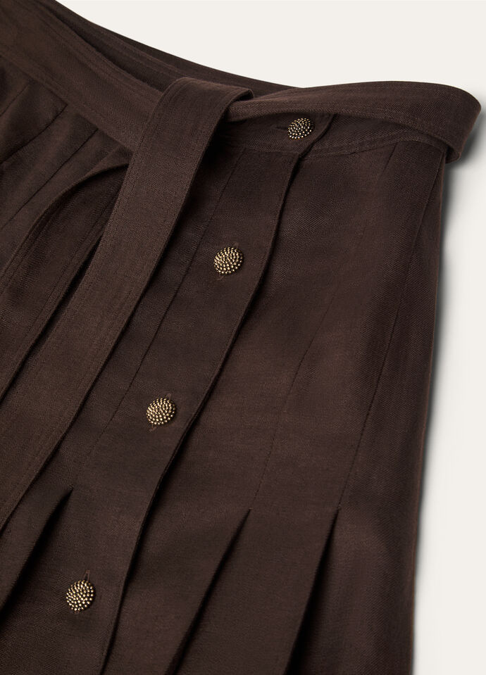 Loro Piana Yasmina Belted Pleated Linen-twill Wrap Skirt In Carob Bean