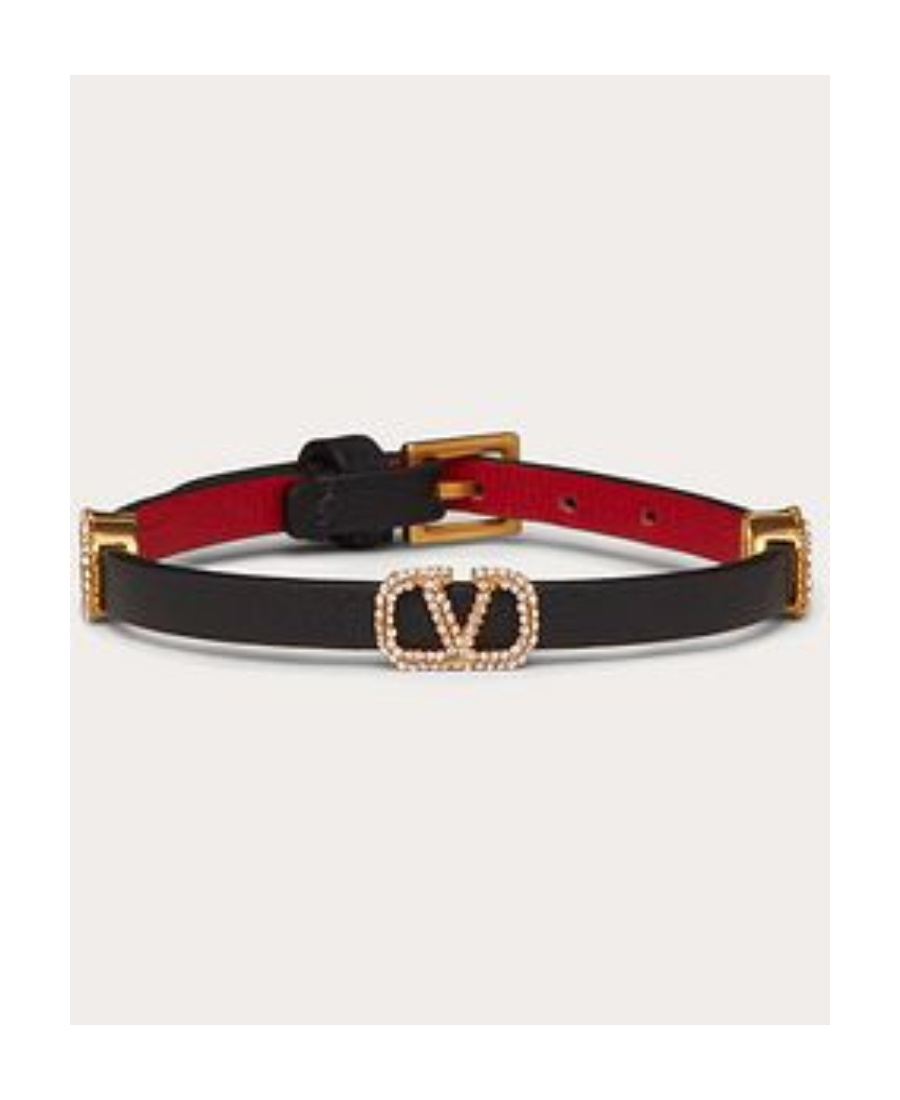 Valentino Garavani Crystal Vlogo Leather Bracelet In Black