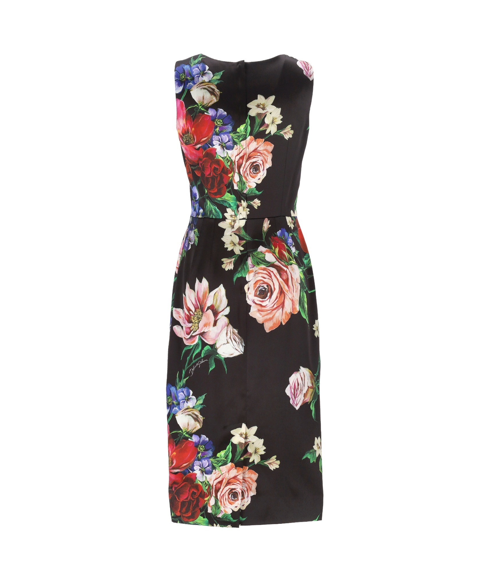 Dolce & Gabbana Floral Print Stretch Satin Dress In Black
