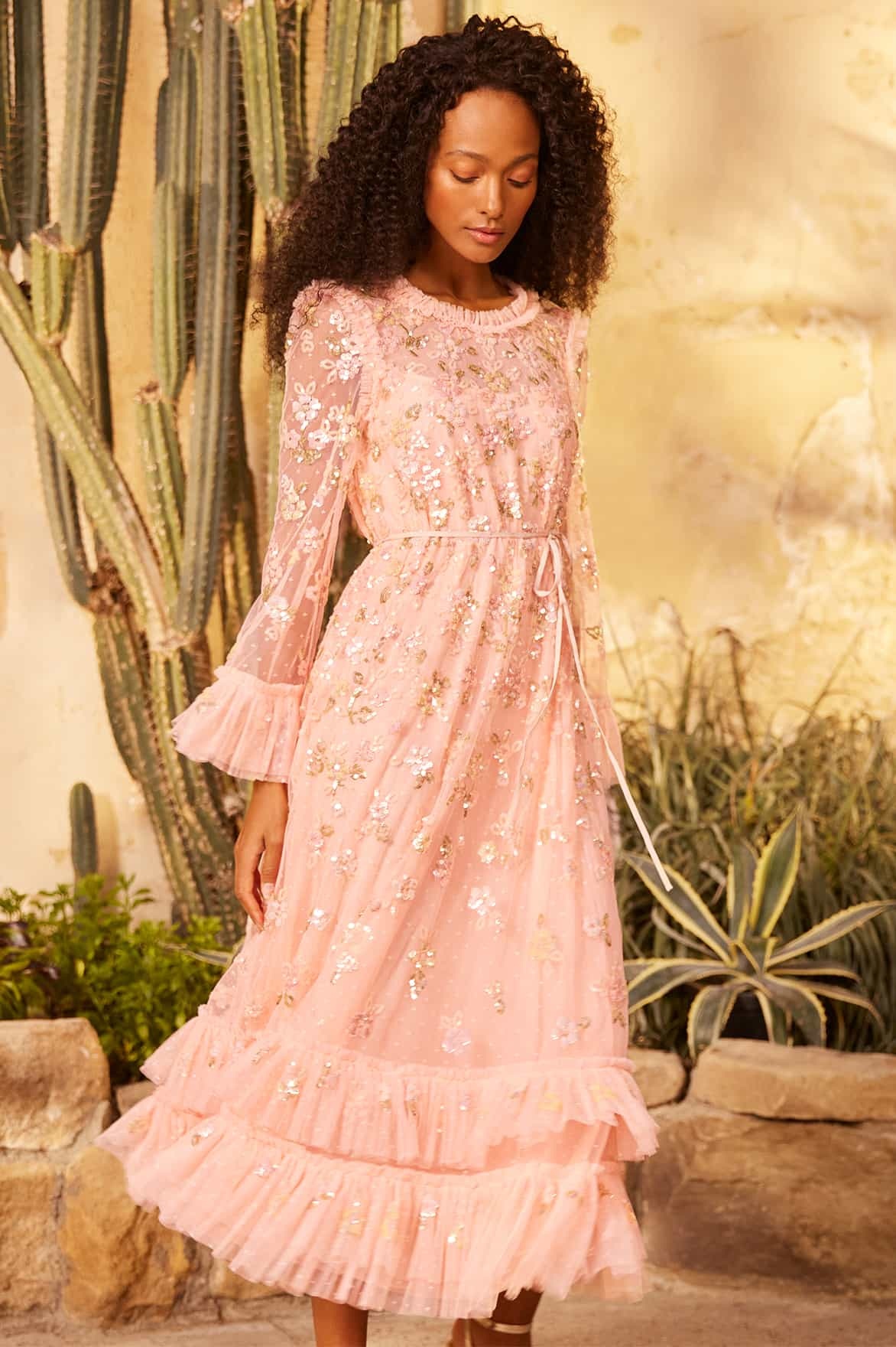 NEEDLE & THREAD SEQUIN BLOOM TULLE MIDI DRESS