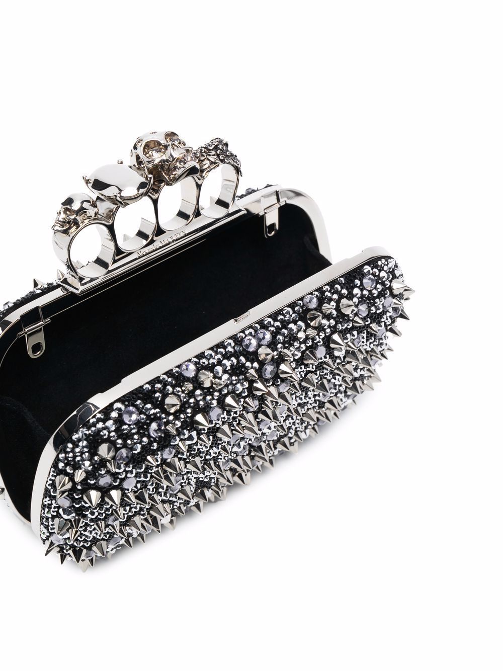 Alexander Mcqueen Four Ring Embellished Suede Clutch In Black