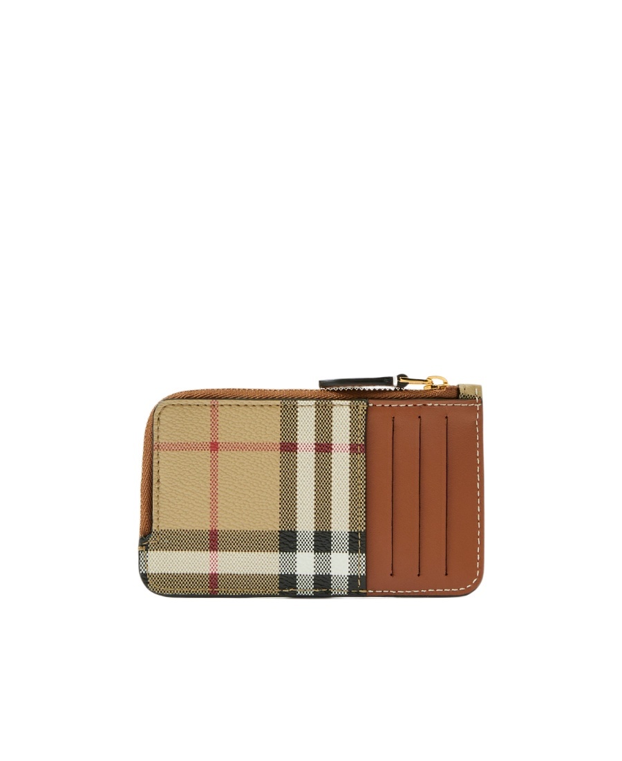 Burberry Mini Leather Wallet With Iconic Check Pattern And Zip Closure In Nude