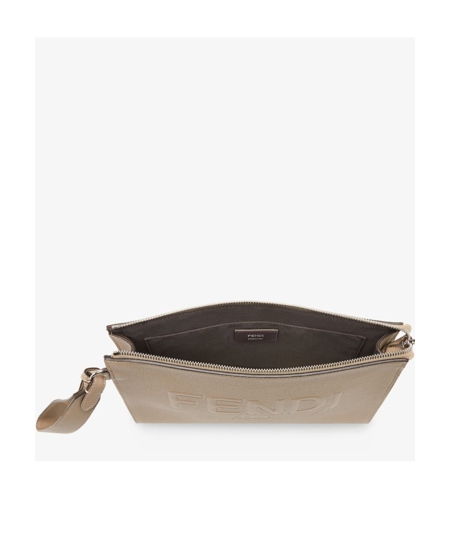 Fendi Logo Embossed Zipped Pouch In Nude