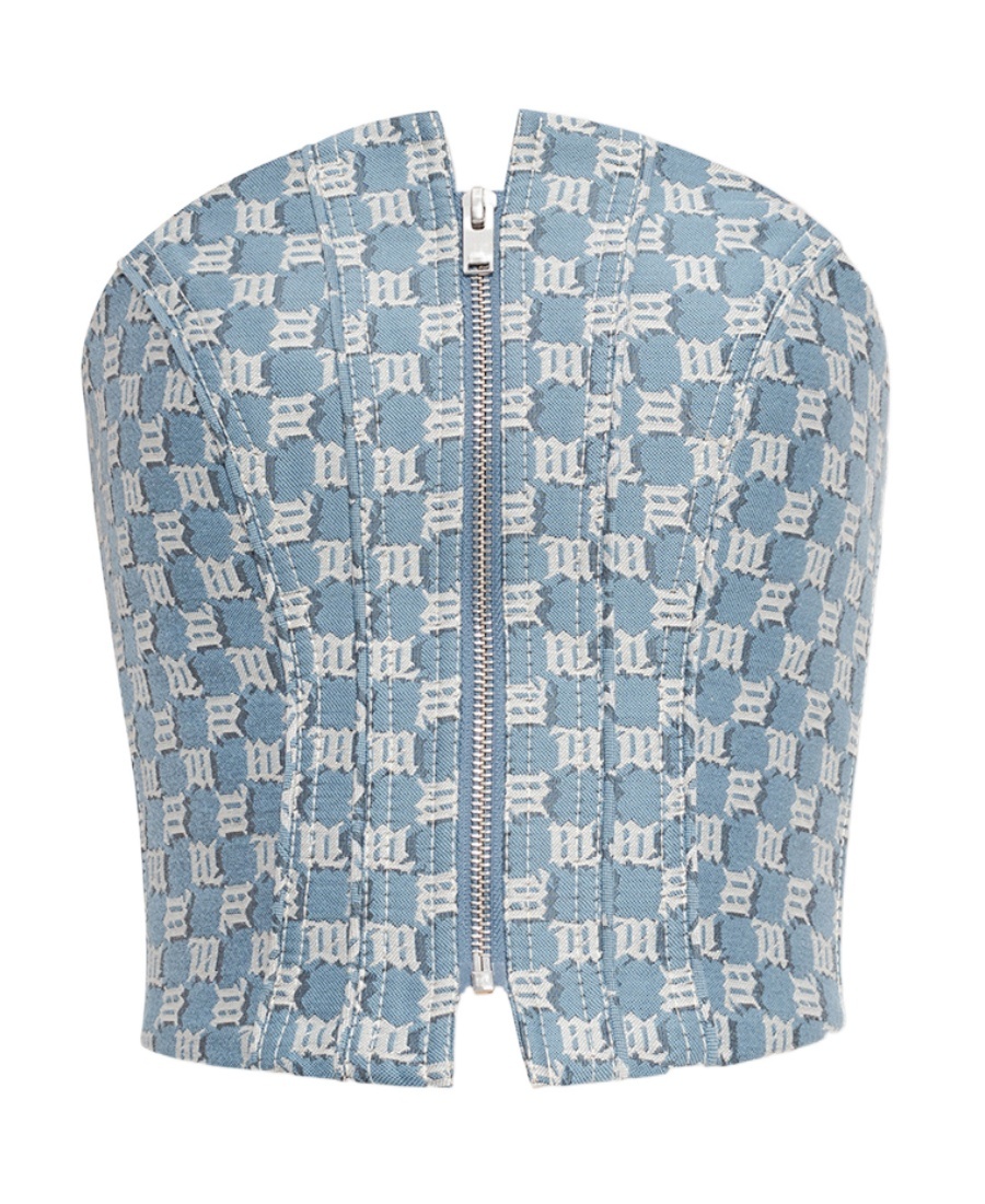 Misbhv Monogram-jacquard Strapless Corset Top In Blue