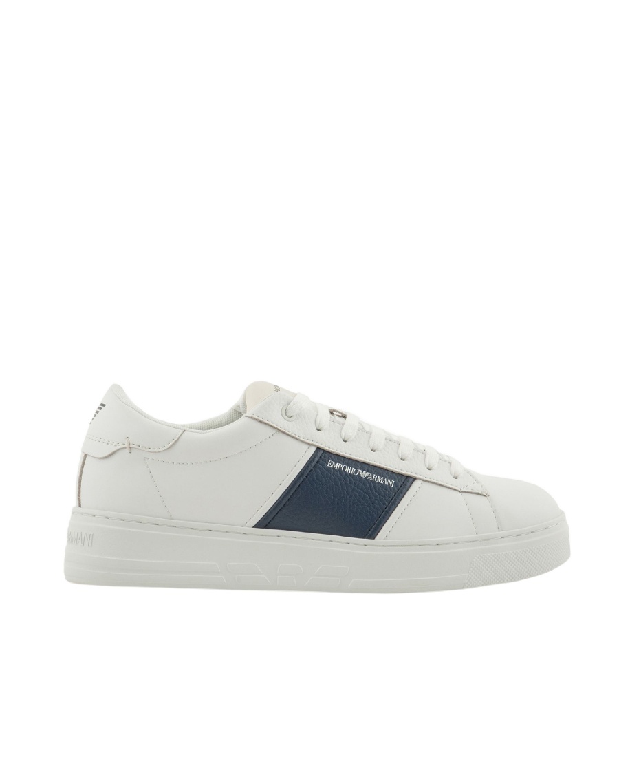 Emporio Armani Calf Leather Grained Texture Sneakers In White