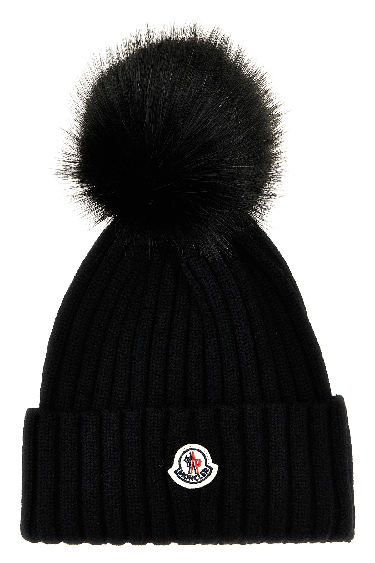 Moncler Ribbed Knit Wool Beanie With Faux Fur Pom-pom In Black