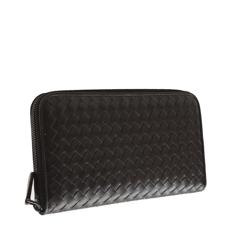 Bottega Veneta Intracciato Piccolo Woven Wrap-around Zipper Wallet In Brown