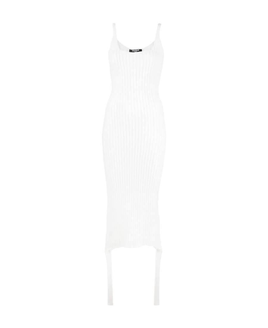 Balmain Ribbed Sleeveless Midi Dress In White