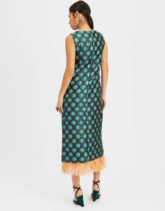 La Doublej Jacquard Column Dress With Feather Trim In Green