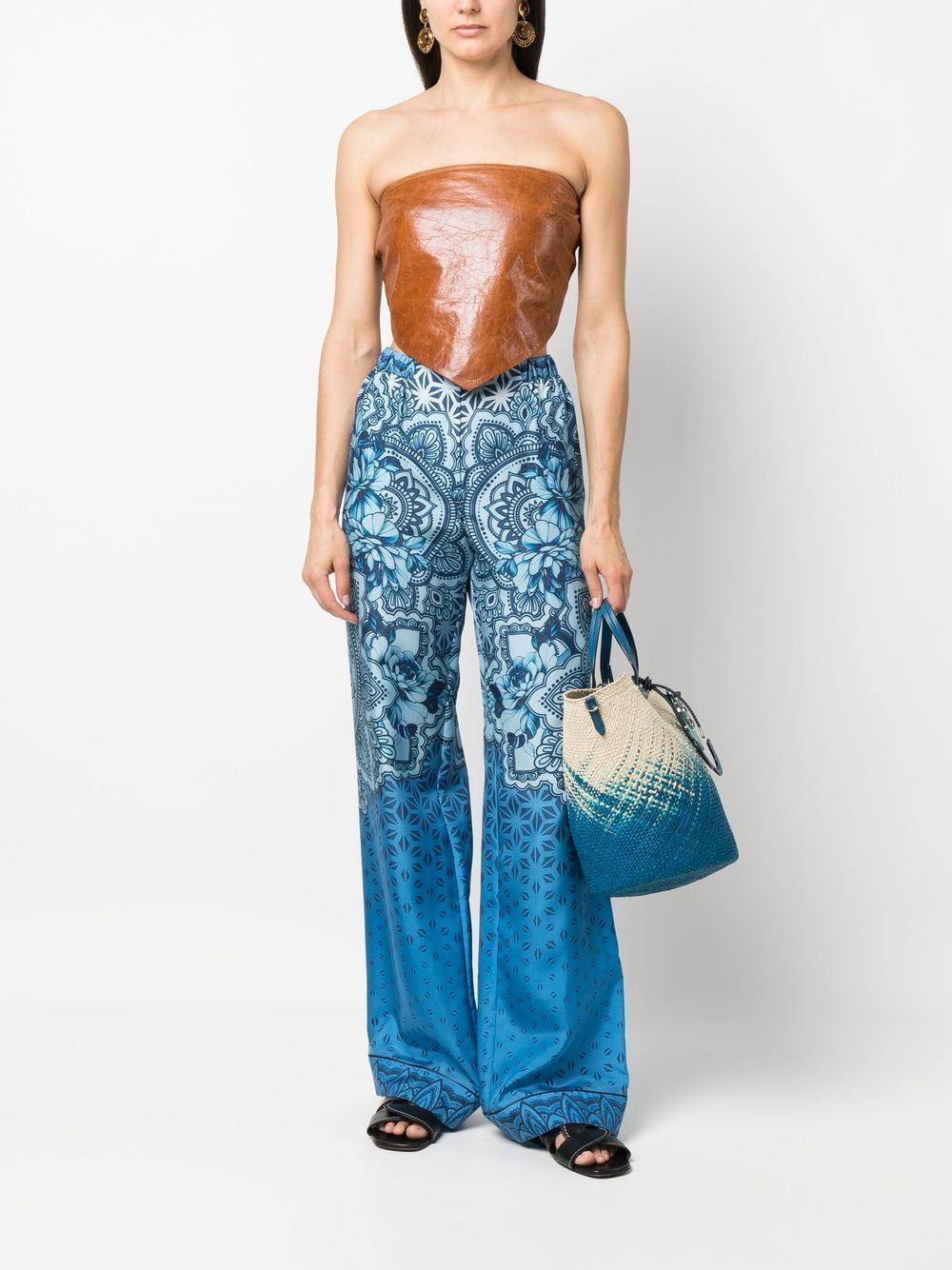 Alberta Ferretti Silk Graphic-print Wide-leg Trousers In Blue