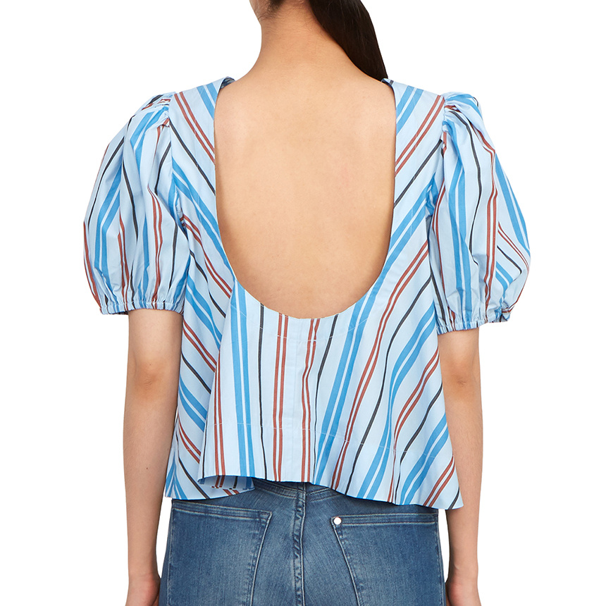 Ganni Stripe-print Organic Cotton Blouse In Blue