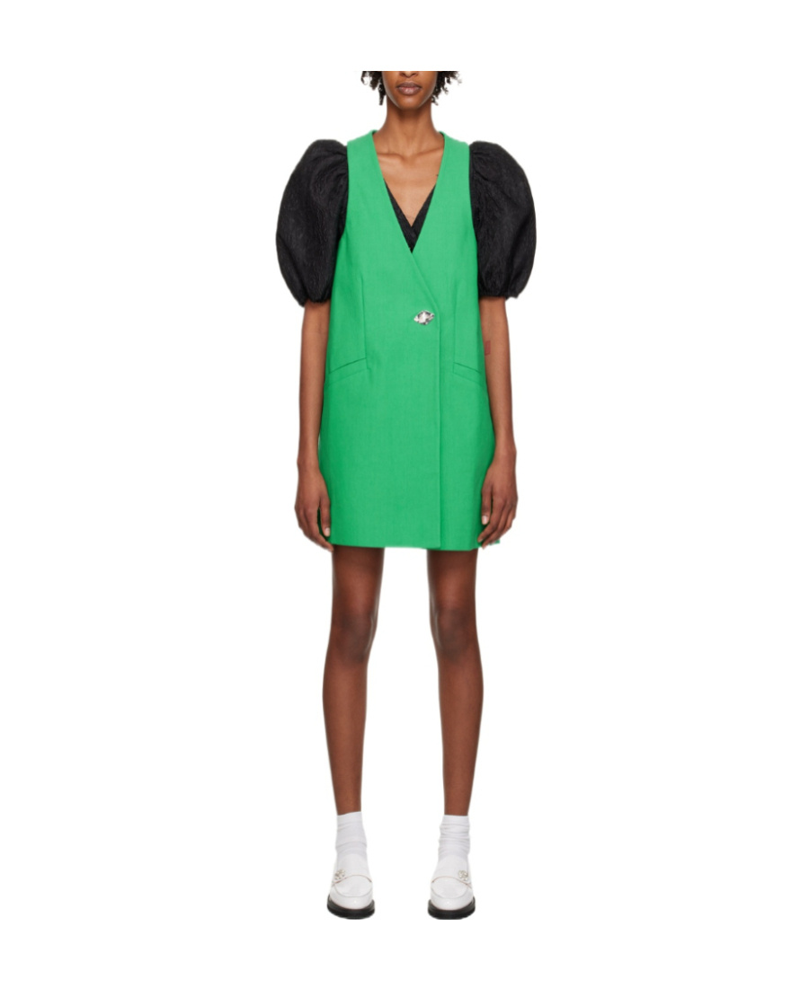 Ganni V Collar Button Dress In Green