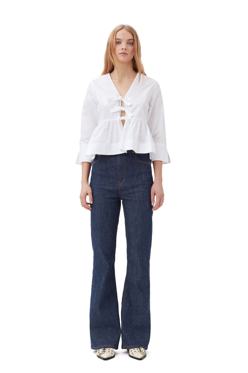 Ganni Bow-detailed Cotton-poplin Peplum Blouse In White