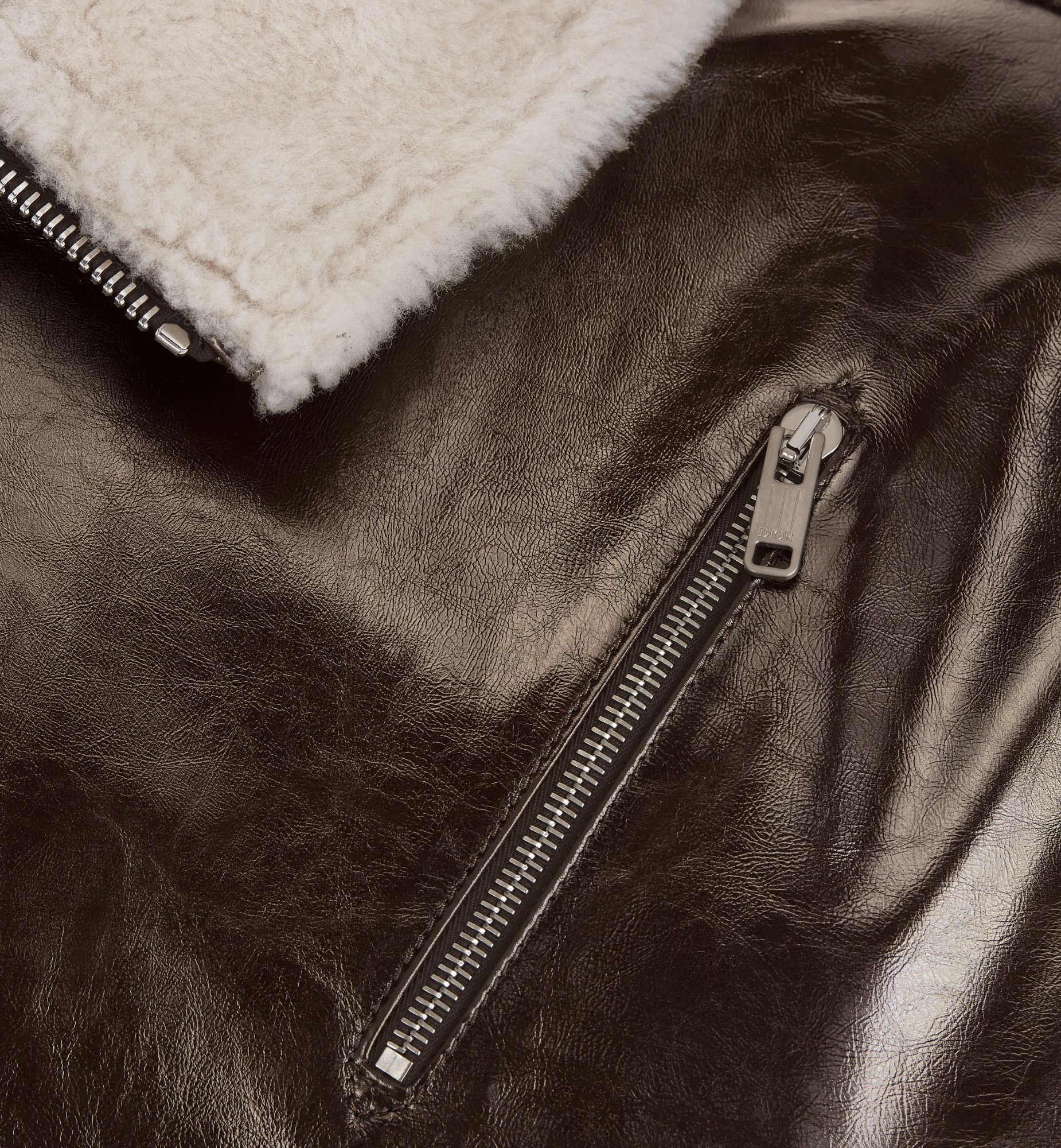 Dior Long-sleeved Leather Jacket With Wool Collar In Brown