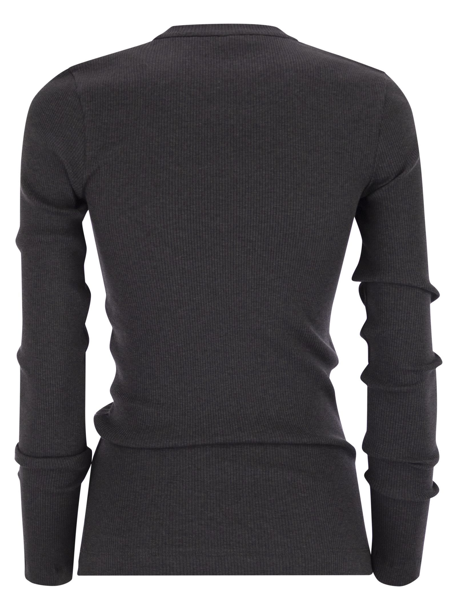 Brunello Cucinelli Cotton Jersey T-shirt With Dazzling Chalk Stripe Embroidery In Black