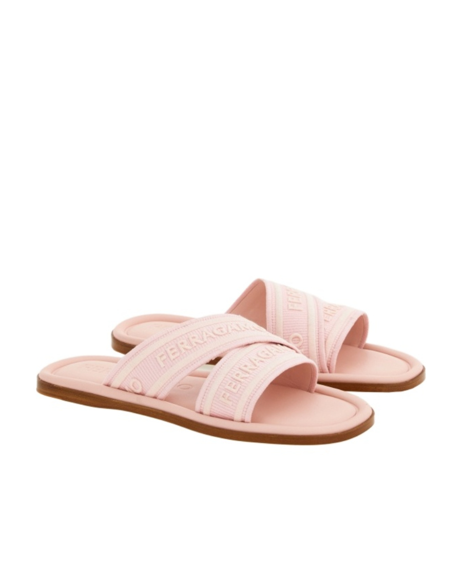 Ferragamo Laurene Logo Cotton Flat Sandals In Pink