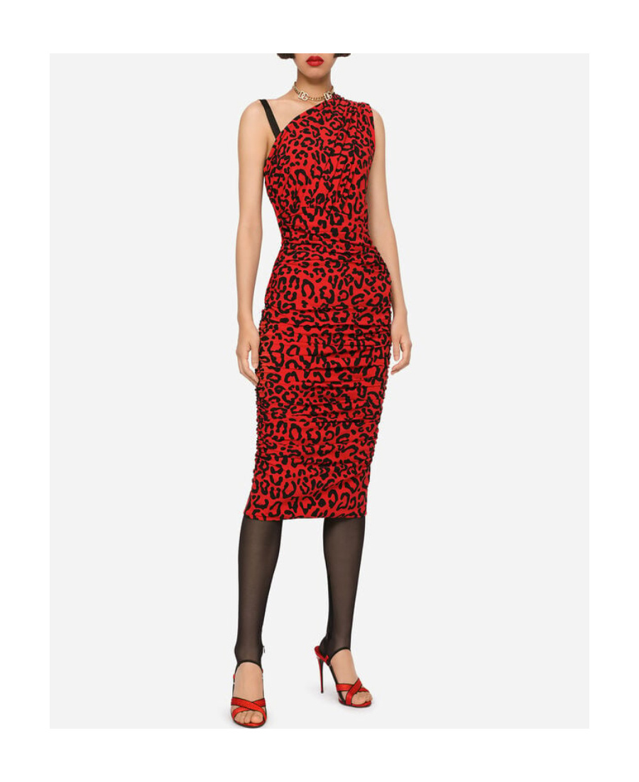 Dolce & Gabbana Leopard-print Ruched One-shoulder Midi Dress In Red
