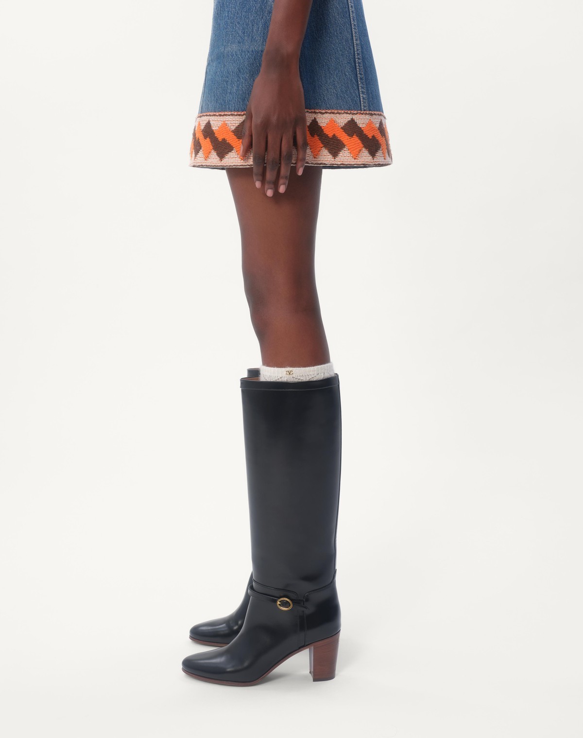 Shop Valentino Denim Skirt With Jacquard Trims In Blue