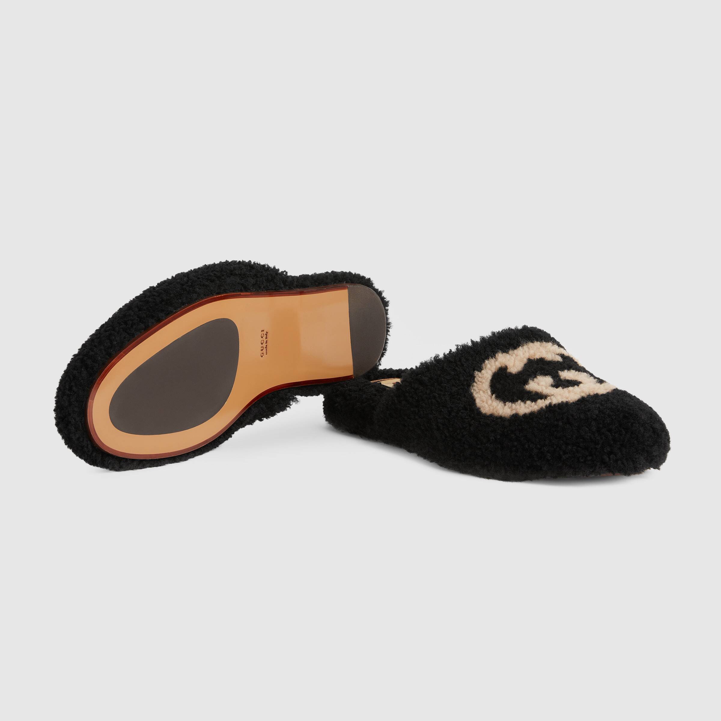 Gucci Interlocking G Merino Slippers In Black