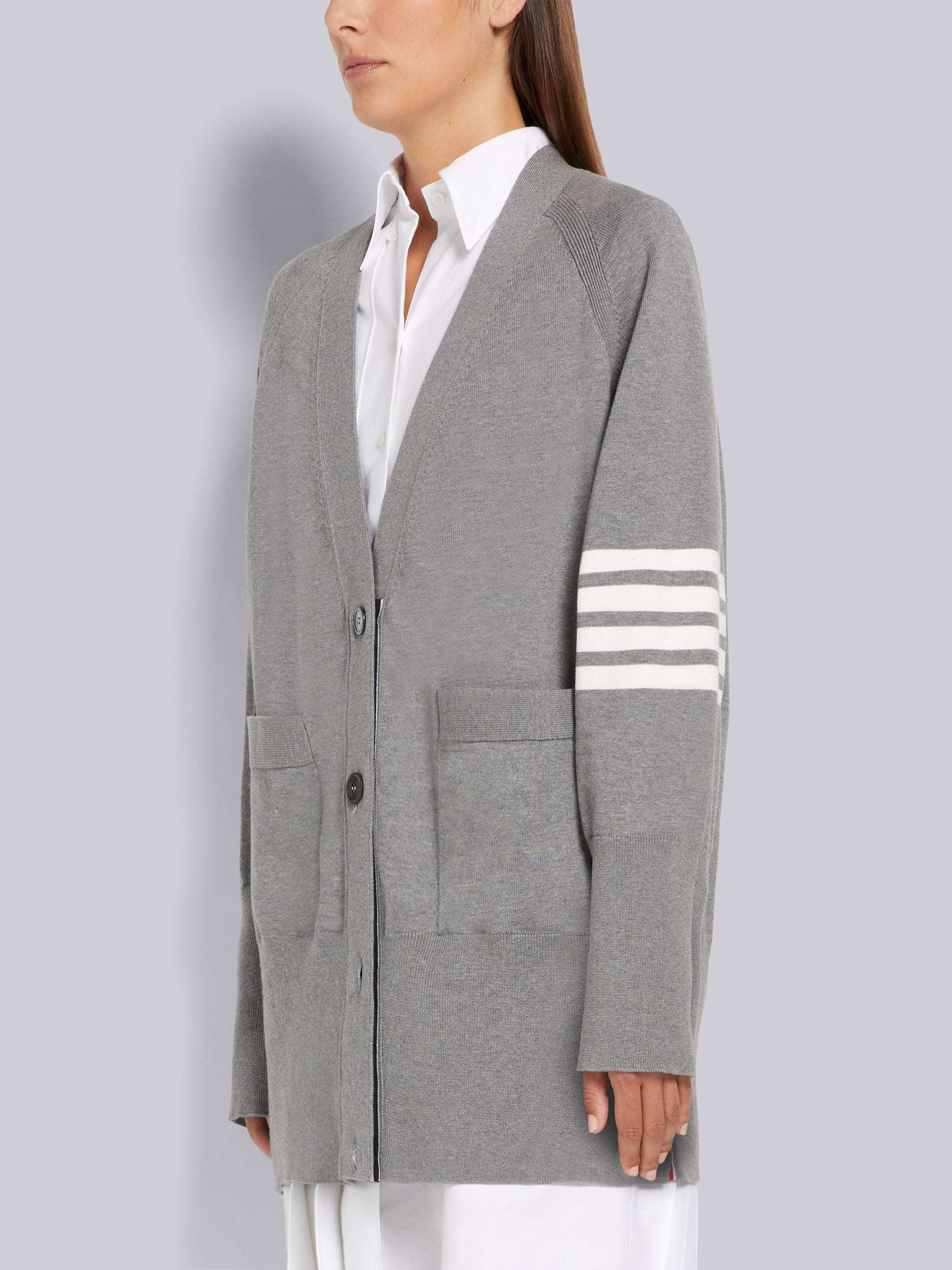 Thom Browne Light Grey 4-bar Exaggerated Fit V-neck Cardigan In Gray