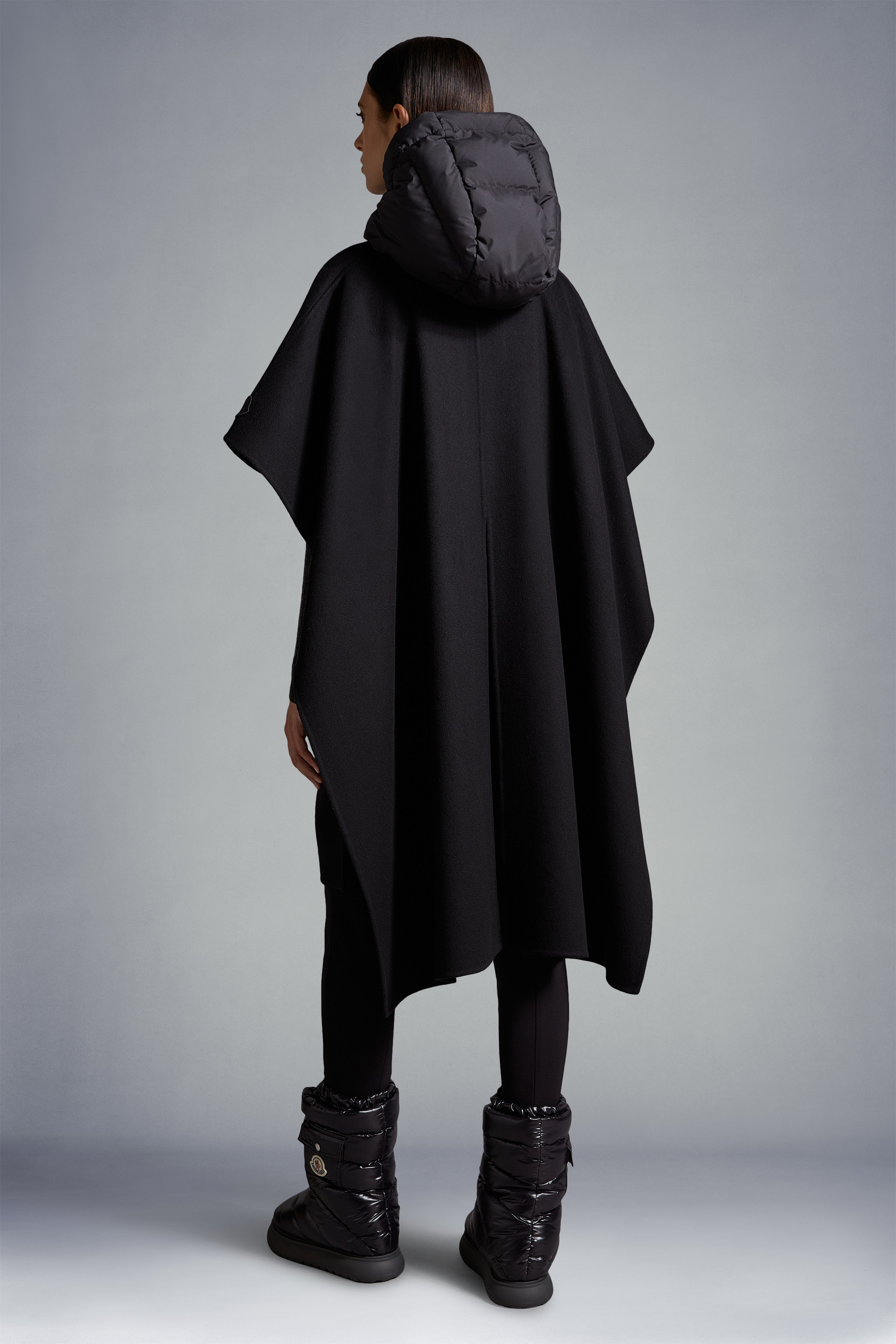 Moncler Hooded Logo Wool Cloak In Black