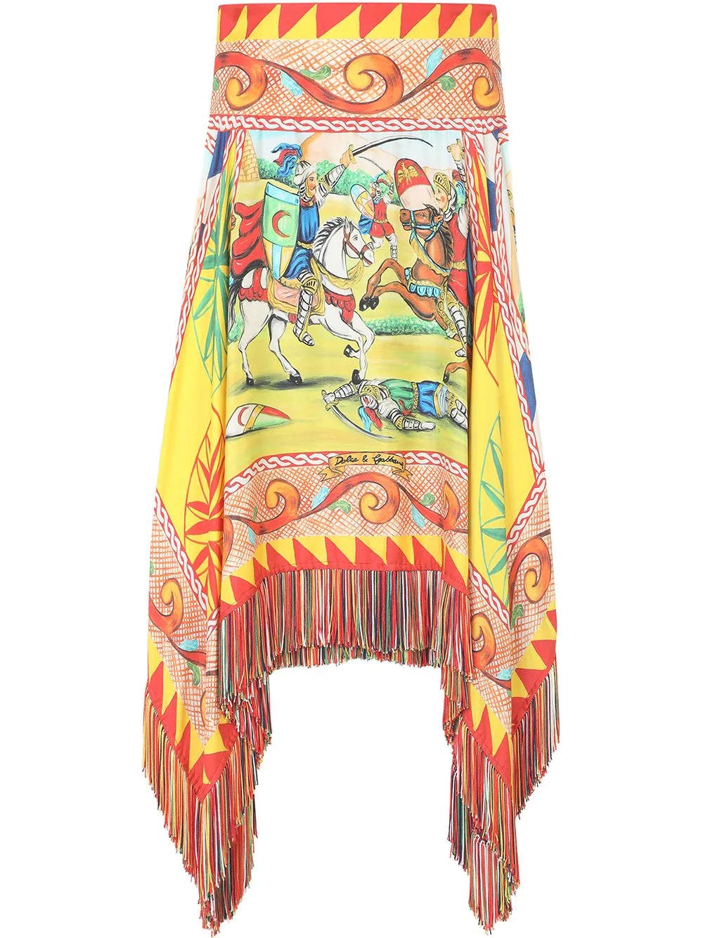 Dolce & Gabbana Short Carretto-print Twill Skirt With Fringing In Multicolor