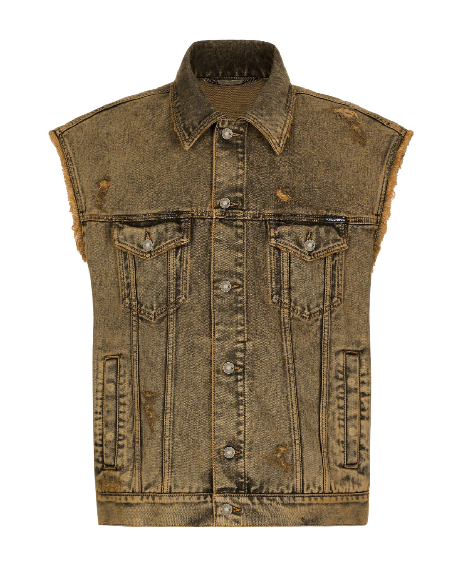 Dolce & Gabbana Over-dyed Sleeveless Denim Jacket In Brown