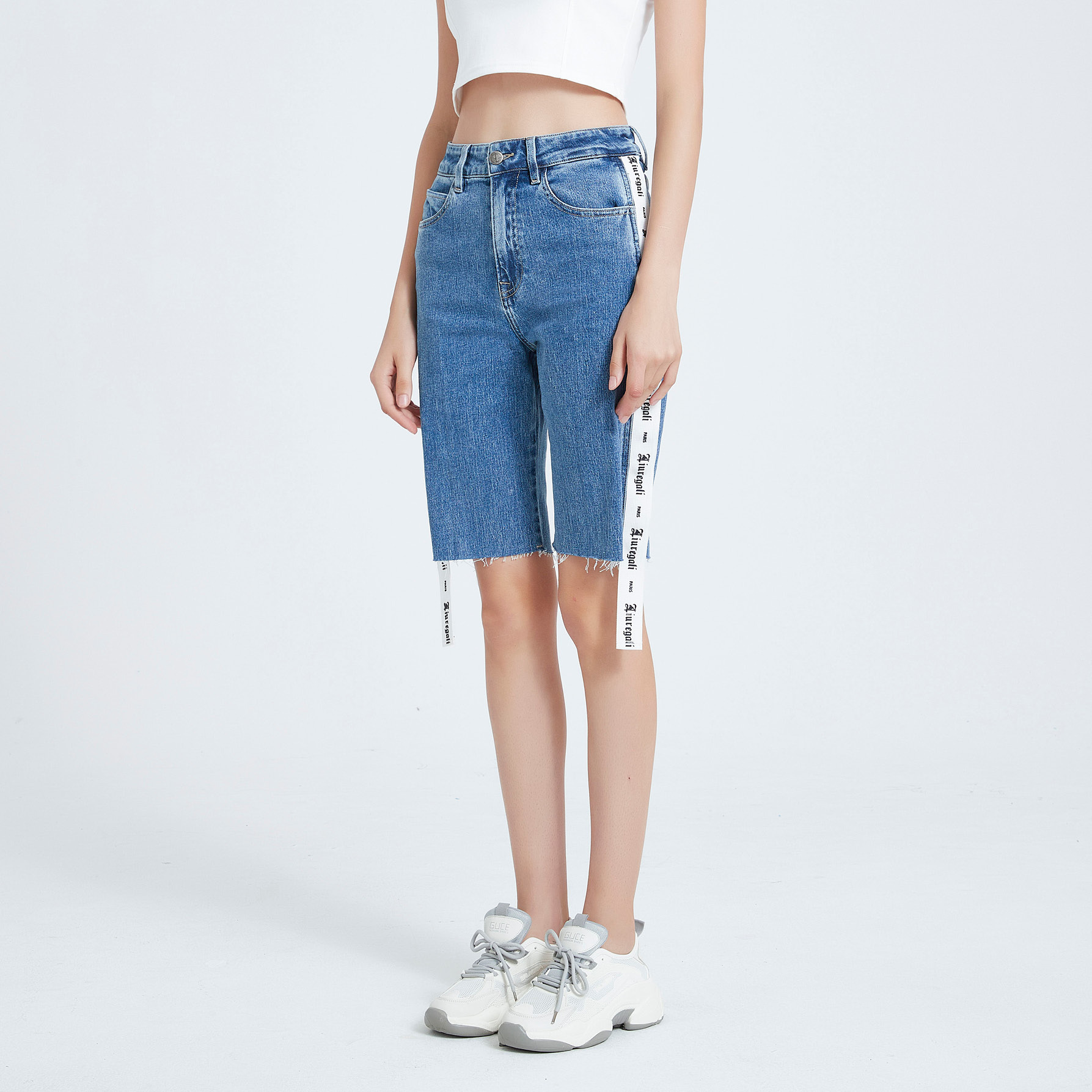 Liuregali Long Ribbon Denim Shorts On The Side In Blue