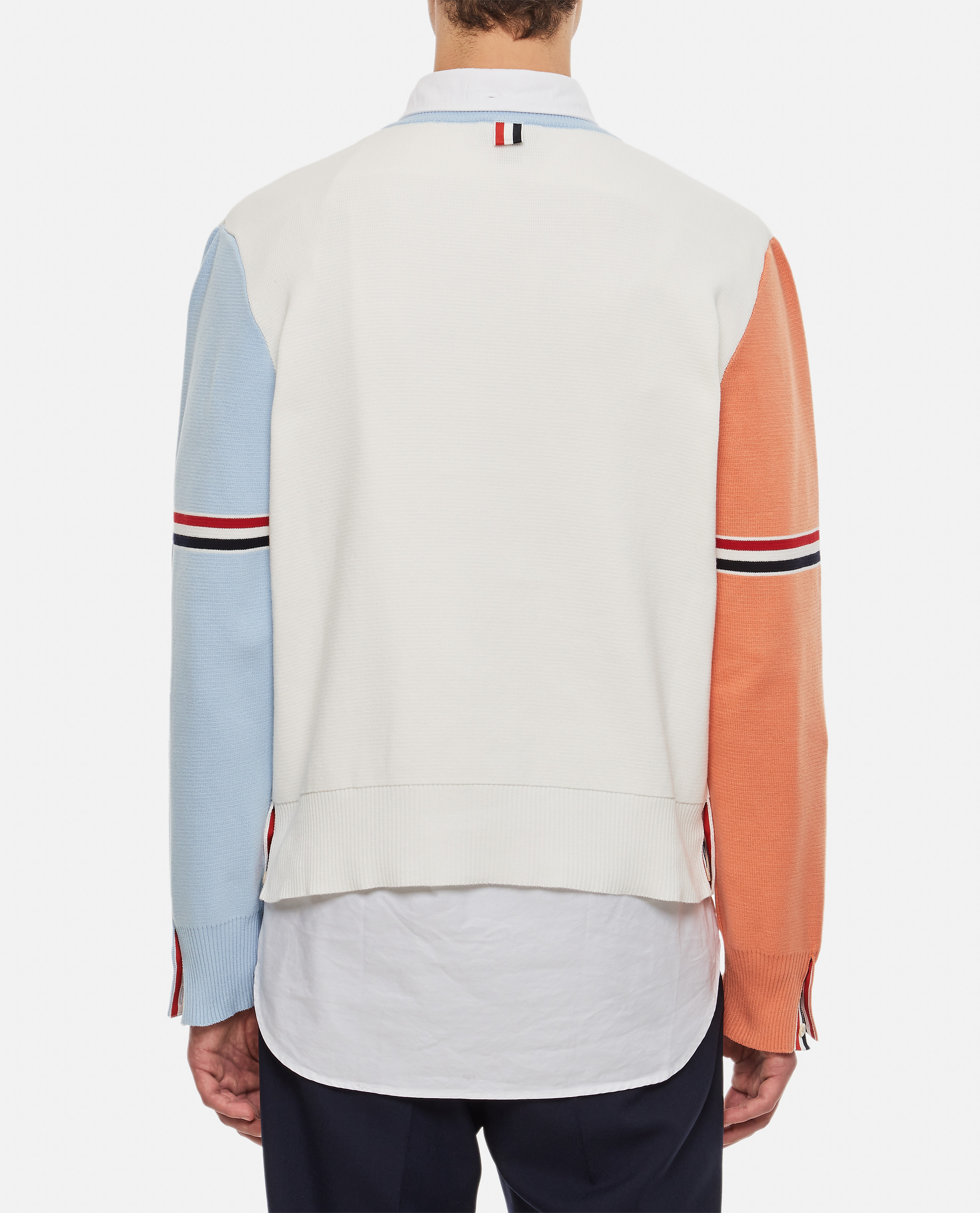 Thom Browne Color-block Crew Neck Sweater With Striped Detail In White