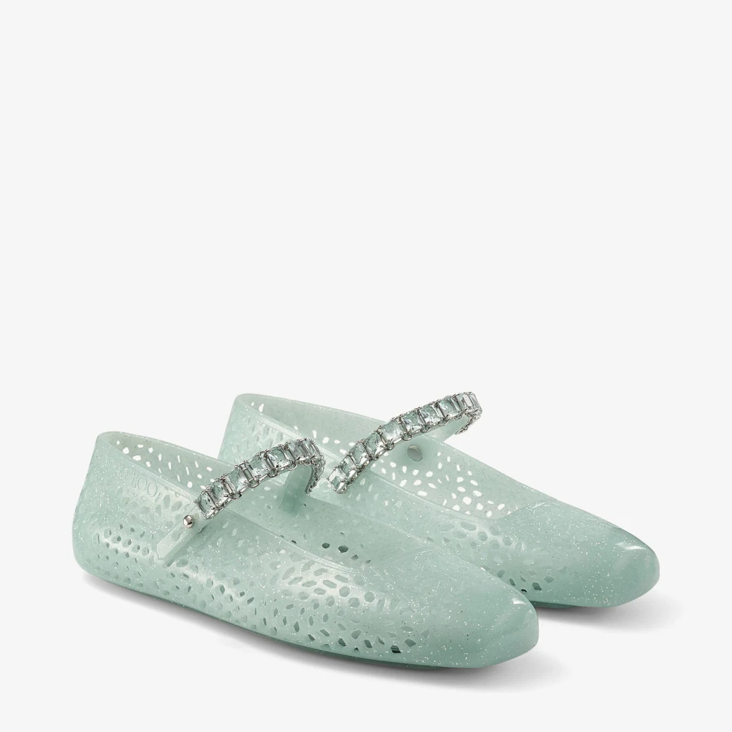Jimmy Choo Light Green Jelly Ballet Flats With Crystal In Green